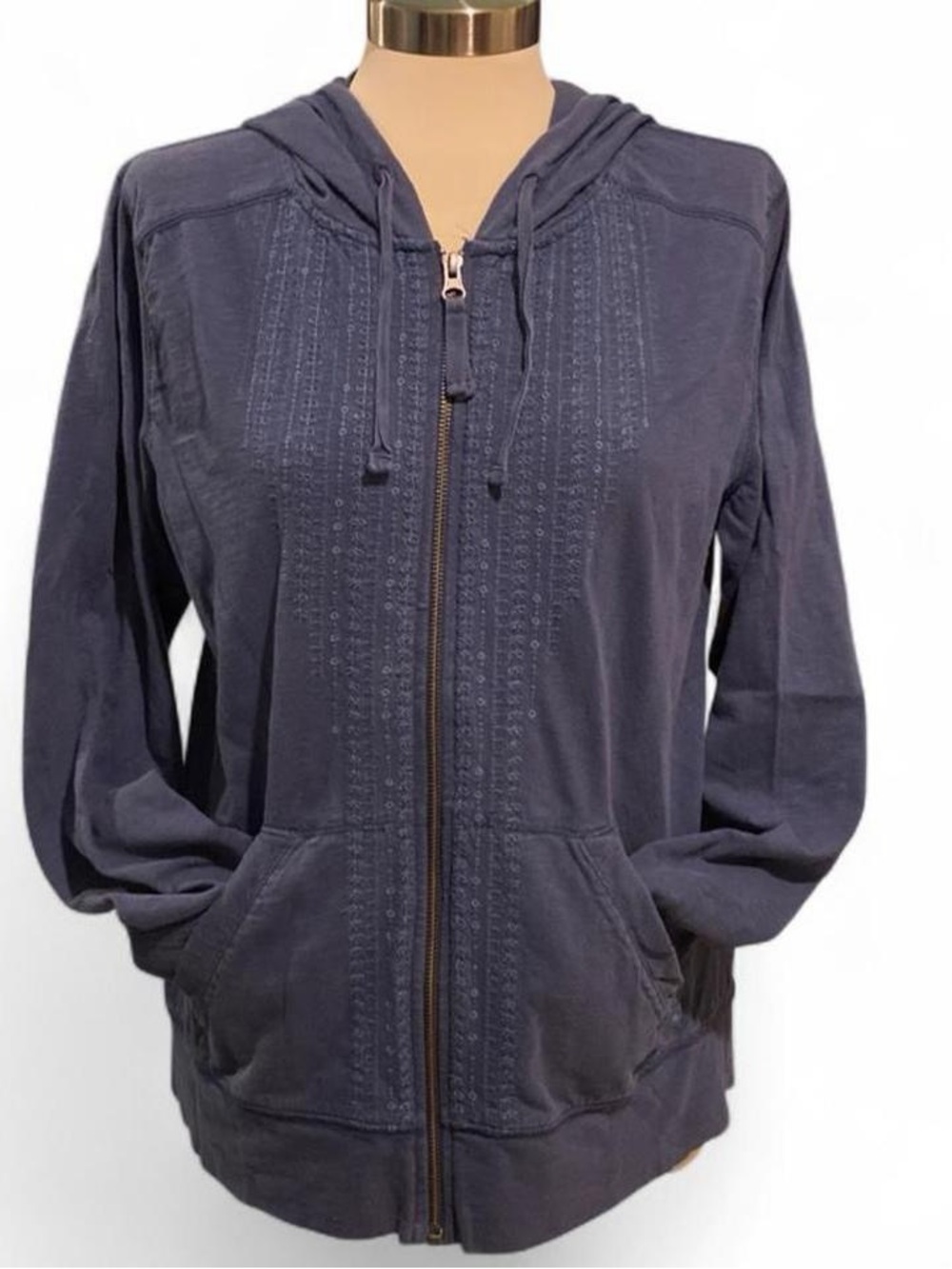 Eddie Bauer Navy Blue Full-Zip Hooded Sweatshirt With Floral Embroidery on Front